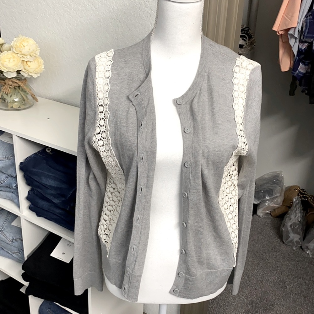 LOFT Grey Crochet Cardigan Size Medium